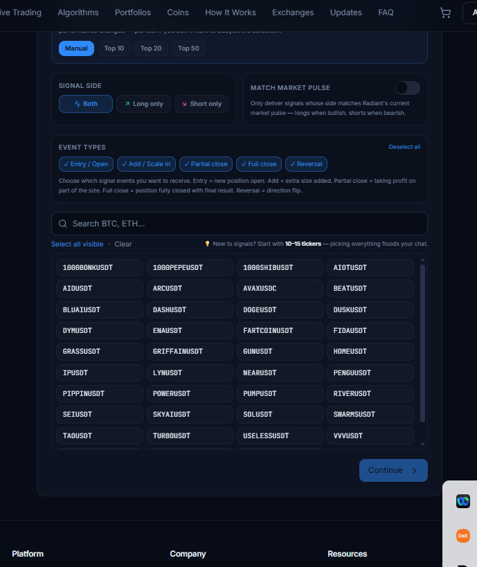 Radiant Live Signals — filters and ticker selection